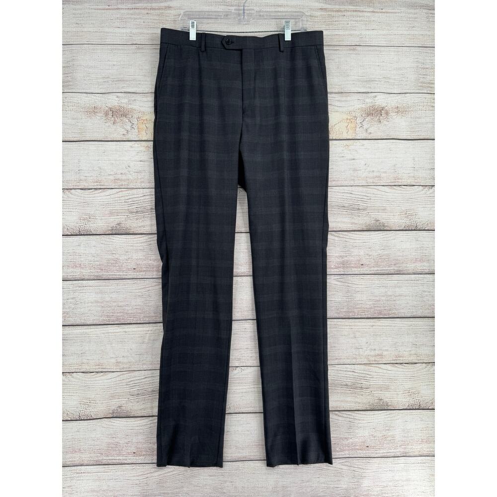Saks Fifth Avenue Plaid Unhemmed Dress Pants Mens 36x32 Dark Gray Flat Front NEW